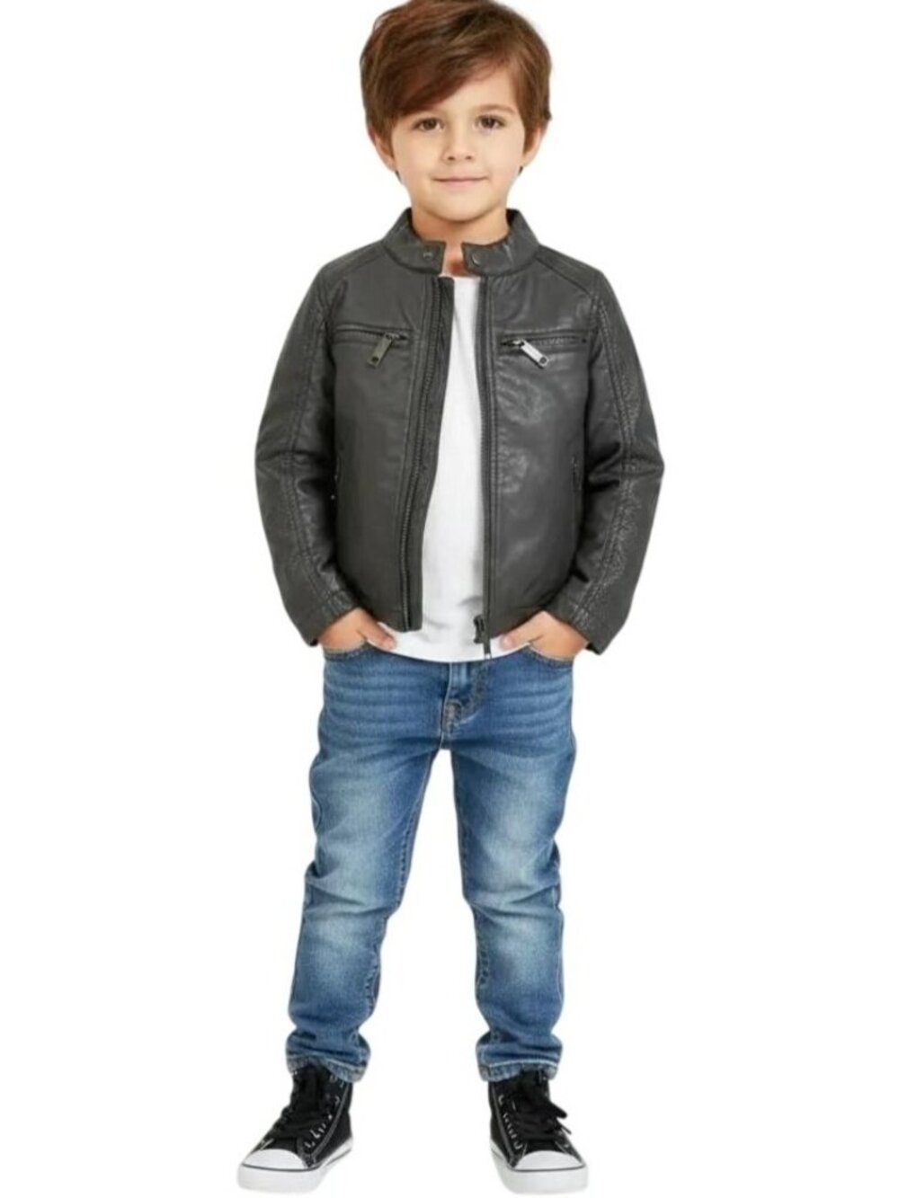 Urban Republic Kids Boys' Faux Leather Bomber Biker Moto Jacket Dark Gray Size 4